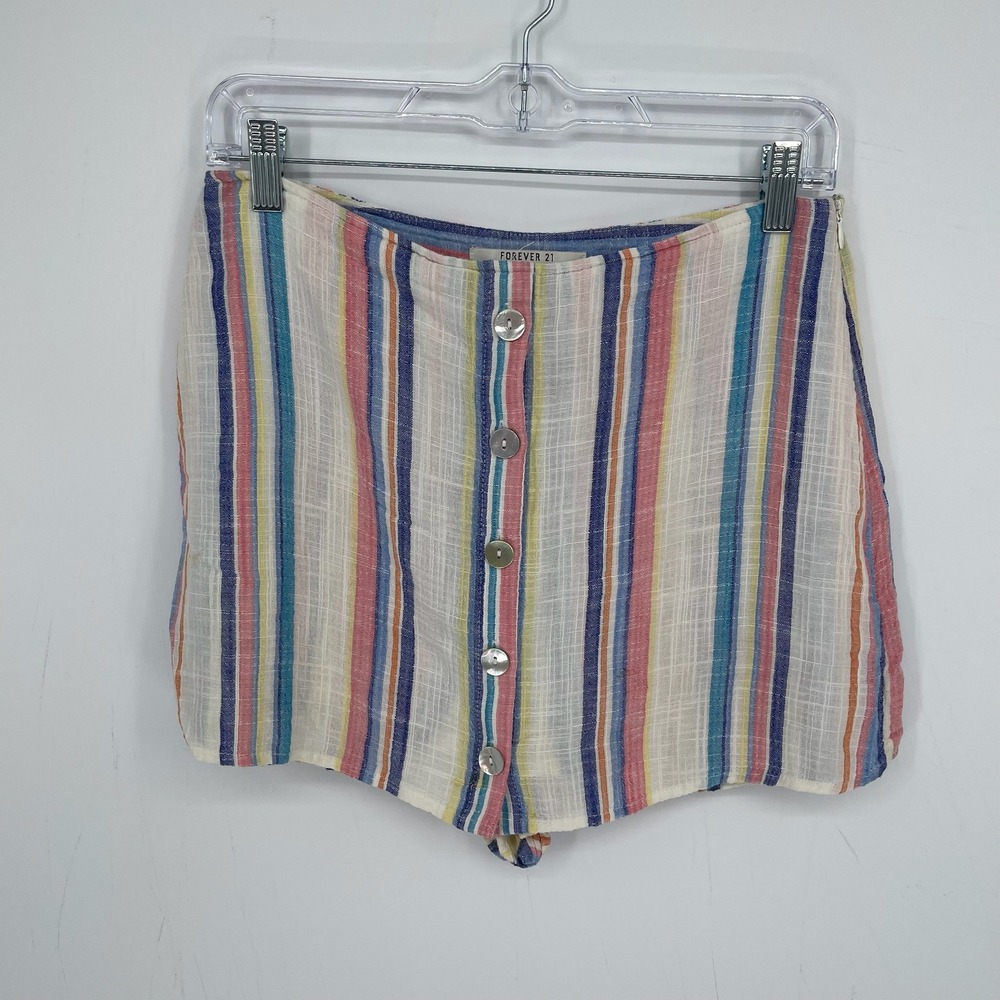 Forever 21 Women's Multicolor Striped Linen Blend Button Front Mini Skort Size M